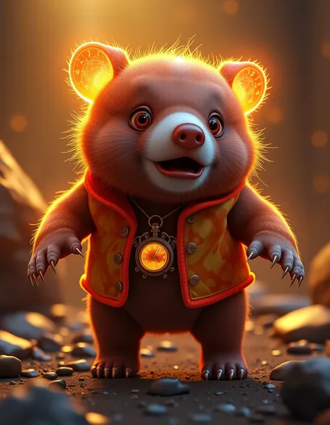 (magical:1.2) bear and (kobold:1.1) mixed together, (made of glowing time energy:1.1), Pastel Orange accents, space neon Golden Brown time background, epic fantasy, highly detailed digital art concept art, wide angle, open shade lighting,