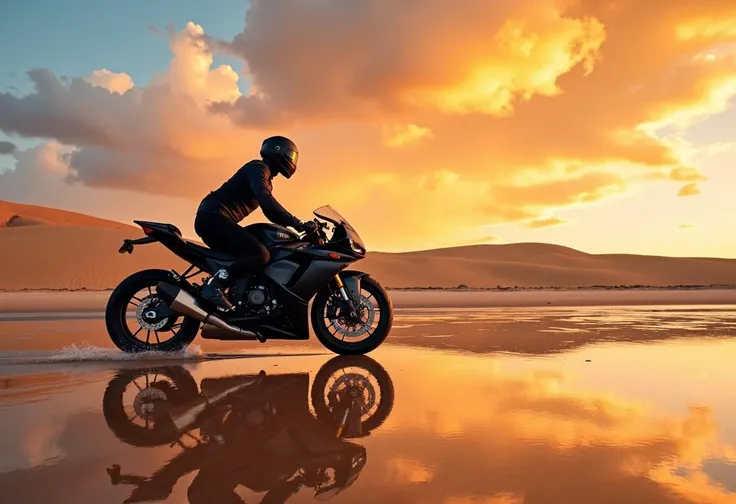 a high-resolution photograph capturing a dynamic moment of a motorcyclist riding a sleek, black motorcycle on a wet, reflective beach during sunset, the motorcycle is positioned at a slight angle, with the rider in the foreground, creating a sense of movement and speed, the rider is dressed in a black, form-fitting jacket and a black helmet, suggesting they are prepared for any outdoor adventure, the background features a vast, arid landscape with rolling hills and a clear sky filled with vibrant orange and yellow hues, indicating the setting sun, the sky is dotted with fluffy, golden clouds, adding to the dramatic and picturesque atmosphere, the beach is sandy and the water is calm, reflecting the warm colors of the sky, the reflection of the motorcycle and the surrounding landscape creates a mirror-like effect on the wet sand, enhancing the sense of depth and realism, the overall mood of one of adventure and exploration, with a focus on the motorcycle's sleek design and the serene, natural setting