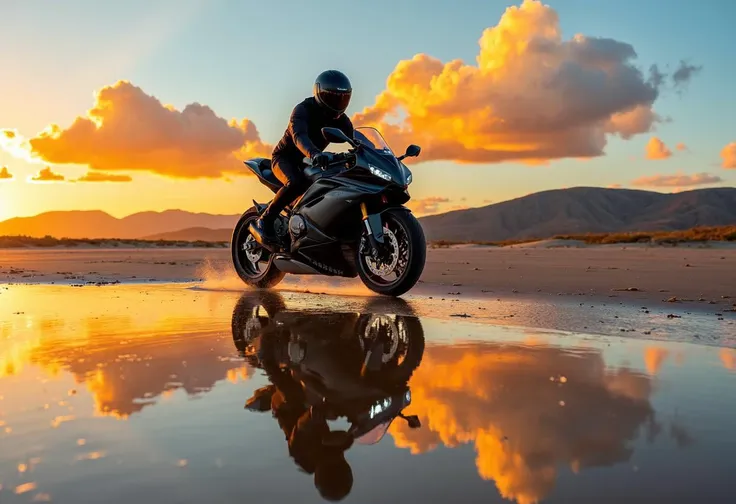 a high-resolution photograph capturing a dynamic moment of a motorcyclist riding a sleek, black motorcycle on a wet, reflective beach during sunset, the motorcycle is positioned at a slight angle, with the rider in the foreground, creating a sense of movement and speed, the rider is dressed in a black, form-fitting jacket and a black helmet, suggesting they are prepared for any outdoor adventure, the background features a vast, arid landscape with rolling hills and a clear sky filled with vibrant orange and yellow hues, indicating the setting sun, the sky is dotted with fluffy, golden clouds, adding to the dramatic and picturesque atmosphere, the beach is sandy and the water is calm, reflecting the warm colors of the sky, the reflection of the motorcycle and the surrounding landscape creates a mirror-like effect on the wet sand, enhancing the sense of depth and realism, the overall mood of one of adventure and exploration, with a focus on the motorcycle's sleek design and the serene, natural setting