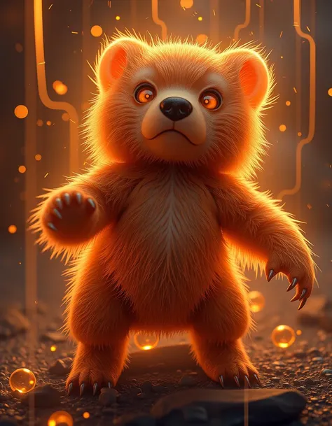 (magical:1.2) bear and (kobold:1.1) mixed together, (made of glowing time energy:1.1), Pastel Orange accents, space neon Golden Brown time background, epic fantasy, highly detailed digital art concept art, wide angle, open shade lighting,