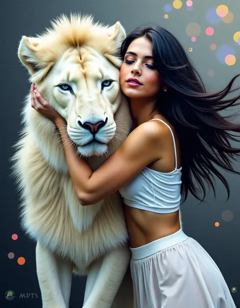 Create an impressionist painting that captures an intimate close-up of a young woman with flowing, very long black hair. She is gently embracing a large, fluffy white lion, both of them with their eyes closed, conveying a deep sense of love intertwined with a hint of distance. The background should feature a soft, dark gray aesthetic bokeh that enhances the emotional depth of the scene. Utilize loose brushwork to evoke movement and spontaneity, while skillfully playing with light and shadow to create a dynamic contrast. Incorporate colorful fractal patterns subtly in the background to add complexity and vibrancy to the composition. This piece should be a masterpiece, worthy of awards, showcasing the beauty of the connection between the woman and the lion.