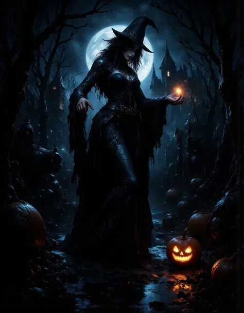 This is a digitally created, highly detailed illustration in a dark, eerie, and mystical style, reminiscent of a Gothic horror or fantasy genre. The central figure is a witch dressed in a long, flowing black gown with intricate, ornate patterns and lace detailing. Her outfit includes a pointed, wide-brimmed hat with a long, curled tip, and she wears dark, dramatic makeup. She holds a glowing, orange pumpkin in her right hand, casting a warm, eerie light around her. Her left hand is extended, as if she is casting a spell or offering something.
The background is a dark, moonlit forest with twisted, gnarled trees and a hazy, cloudy sky. In the distance, there is a dilapidated, haunted-looking castle with tall, pointed turrets and windows that glow with an ominous yellow light. The ground is littered with pumpkins of various sizes, adding to the Halloween theme. The witch stands on a small, reflective pond that mirrors the night sky, with ripples suggesting movement. The overall atmosphere is spooky and enchanting, with a blend of darkness and light, creating a dramatic and haunting visual experience., <lora:aidmaMJ6.1_v0.3:0.6>, aidmaMJ6.1, <lora:aidmaFLUXpro1.1:0.5>, aidmafluxpro1.1, <lora:aidmaHalloweenBoost:0.8>, aidmaHalloweenBoost, <lora:MysticFantasy:1>, ultra quality, ultra detailed, intricate details, 8k