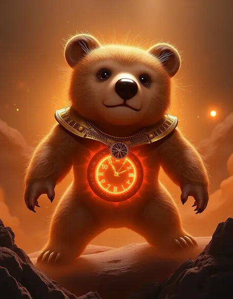 (magical:1.2) bear and (kobold:1.1) mixed together, (made of glowing time energy:1.1), Pastel Orange accents, space neon Golden Brown time background, epic fantasy, highly detailed digital art concept art, wide angle, open shade lighting,