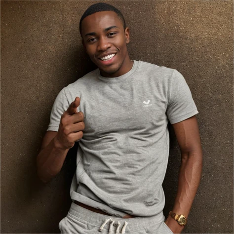<lora:Chav2Alpha:1> img, 32K, closeup photograph, (masterpiece:1.2), 1boy, African, ((thin, skinny, dark-skin, dark skin)), short hair:1.2, black hair, hazel eyes, smiling eyes, clean shaven, open jacket, track pants, t-shirt, fittie, gold rings on fingers, confident expression, (closed mouth), simple background
<lora:Accuse:.45> pointing at you