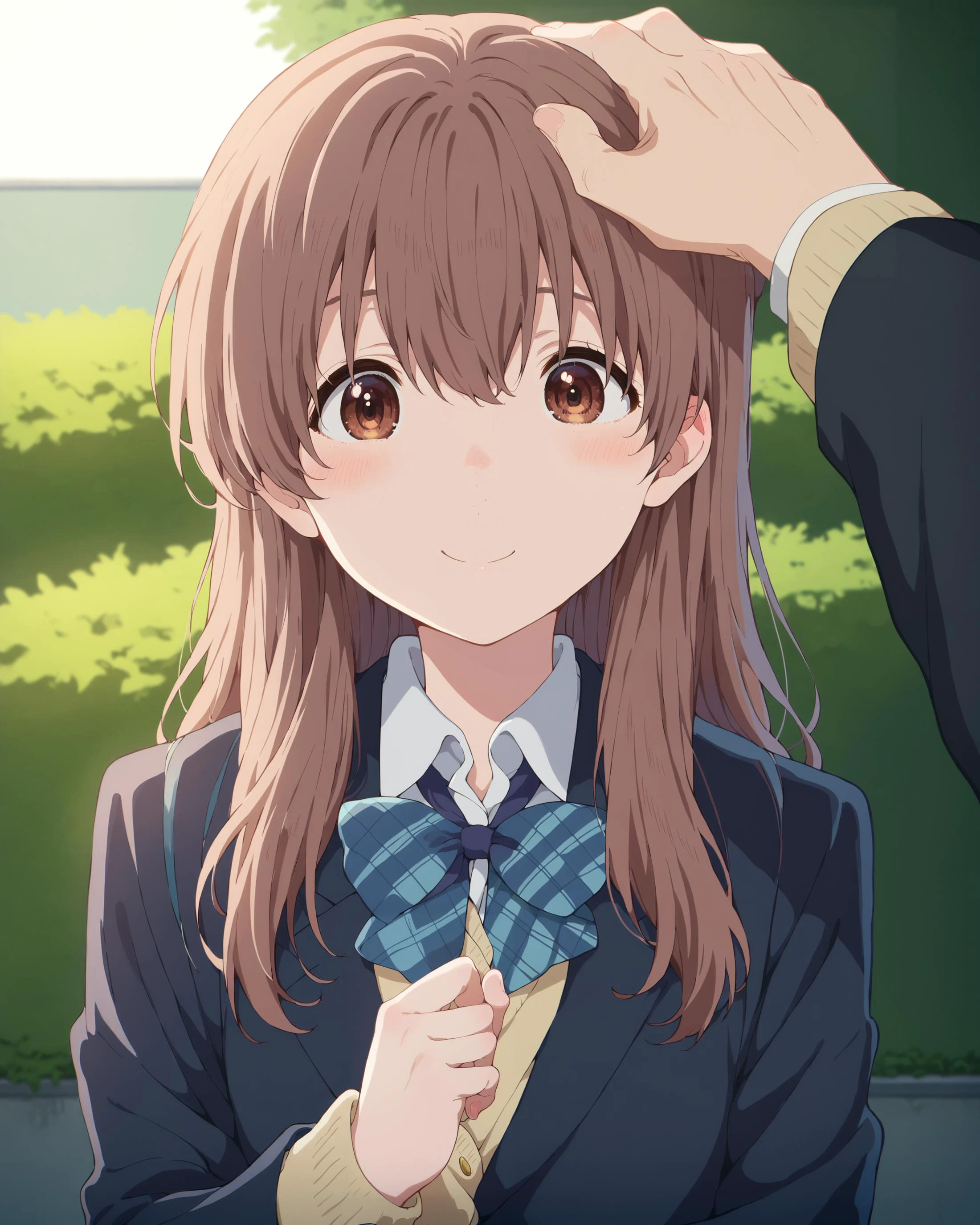 score_9, score_8_up, score_7_up, score_6_up, masterpiece, perfect quality, perfect lighting, nsfw,
school setting, solo girl, smiling girl, cute girl, blushing, upper body shot,
<lora:shouko-nishimiya-movie-ponyxl-lora-nochekaiser:1> shouko nishimiya, long hair, brown hair, brown eyes, skirt, bow, school uniform, jacket, plaid, plaid skirt, blazer,
<lora:HeadpatPOVXL:1> IncrsXLHeadpatPOV, girl's head patted by hand