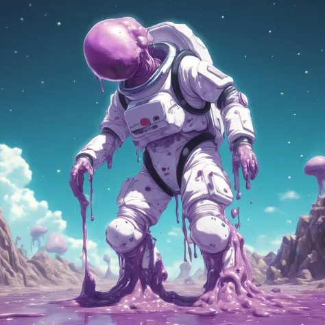 globby Astronaut standing on an alien world, disgusting, drippy. source_photorealistic, 1girl, chunks of flesh and pustules, wounds, leaking boils, purple goo. style_Retro