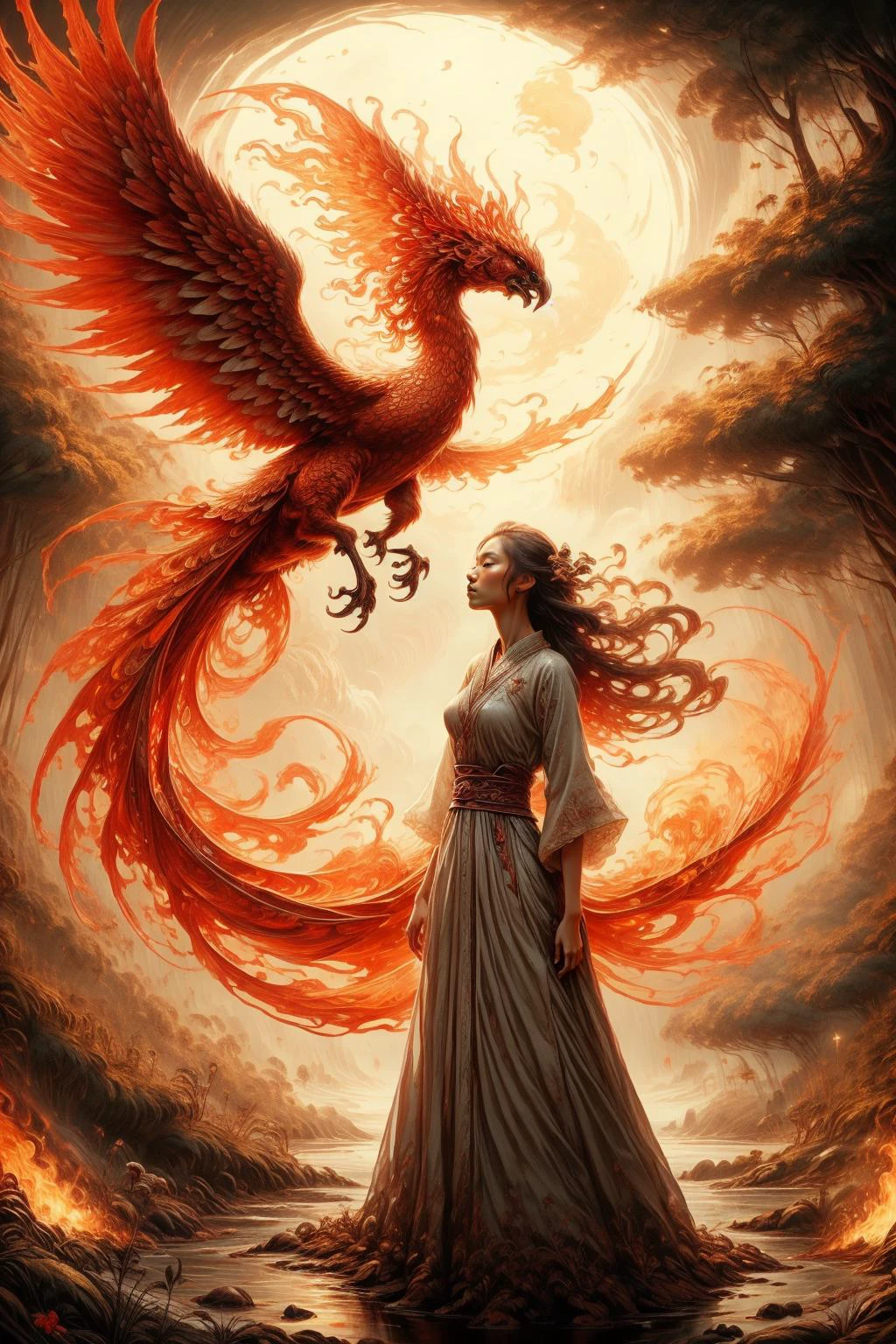 1girl wearing a long dress rides on a tiger's back,in the background is a flying fire phoenix,Phoenix of Sora,bamboo forest,hanfu,<lora:PhoenixSora:0.7>,
very long hair,sword,wide_shot,<lora:add_detail:0.6>,<lora:wuxia:0.7>,
mythology,fantasy,drama,dreams,detail,<lora:GPTS4 dreamwave full_478773:0.3>,<lora:GoodHands-beta2:0.9>,