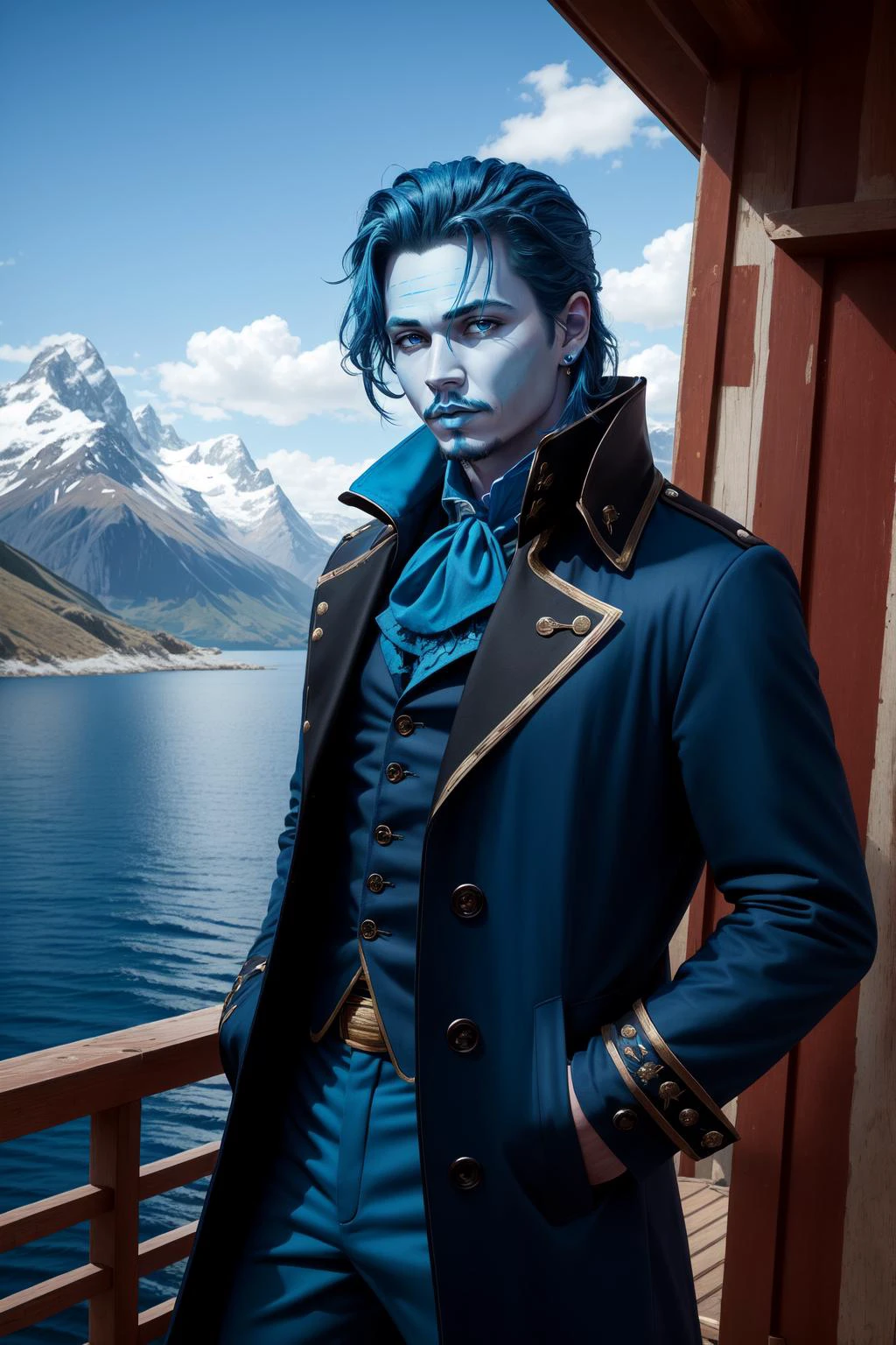 (masterpiece, best quality), intricate details,
1boy, male, water genasi, (blue skin:1.5), victorian noble outfit, (black coat:1.3), popped collar, on the deck of a ship, mountains in background, ocean,
<lora:coloredSkinCONCEPT_v219:0.8> , pirate, johnny depp, hands in pockets, <lora:furthermore:0.4>