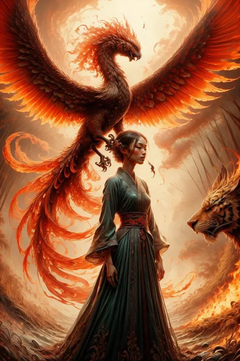 1girl wearing a long dress rides on a tiger's back,in the background is a flying fire phoenix,Phoenix of Sora,bamboo forest,hanfu,<lora:PhoenixSora:0.7>,
very long hair,sword,wide_shot,<lora:add_detail:0.6>,<lora:wuxia:0.7>,
mythology,fantasy,drama,dreams,detail,<lora:GPTS4 dreamwave full_478773:0.3>,<lora:GoodHands-beta2:0.9>,