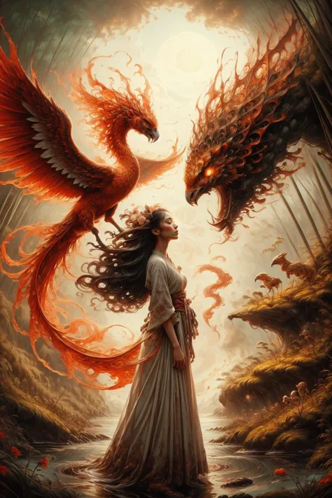 1girl wearing a long dress rides on a tiger's back,in the background is a flying fire phoenix,Phoenix of Sora,bamboo forest,hanfu,<lora:PhoenixSora:0.7>,
very long hair,sword,wide_shot,<lora:add_detail:0.6>,<lora:wuxia:0.7>,
mythology,fantasy,drama,dreams,detail,<lora:GPTS4 dreamwave full_478773:0.3>,<lora:GoodHands-beta2:0.9>,