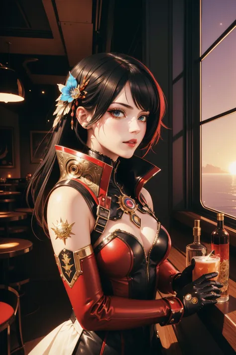 1girl, dark Cinematic still, stylized, extreme wide shot of a Distinguished Biopunk New Wave ([Nightclub|alcohol]:1.3) , it is with deep red adornments, it is anthropomorphic reimagined as a Borderlands game character, war, a battle with lasers going on in the distance centered Kodak portra background, fall flora and lake, at Sunset, in focus, (art by William Hogarth:1.3) , (George Miller:1.3) , (Robert Campin:0.9) , (Ramon Casas:1.1) , Dynamic, Hopeful, Biopunk Art, hair light, Depth of field 100mm, anaglyph filter, Soutache, glittering, Concept Art World, lots of details, goth, nature-inspired