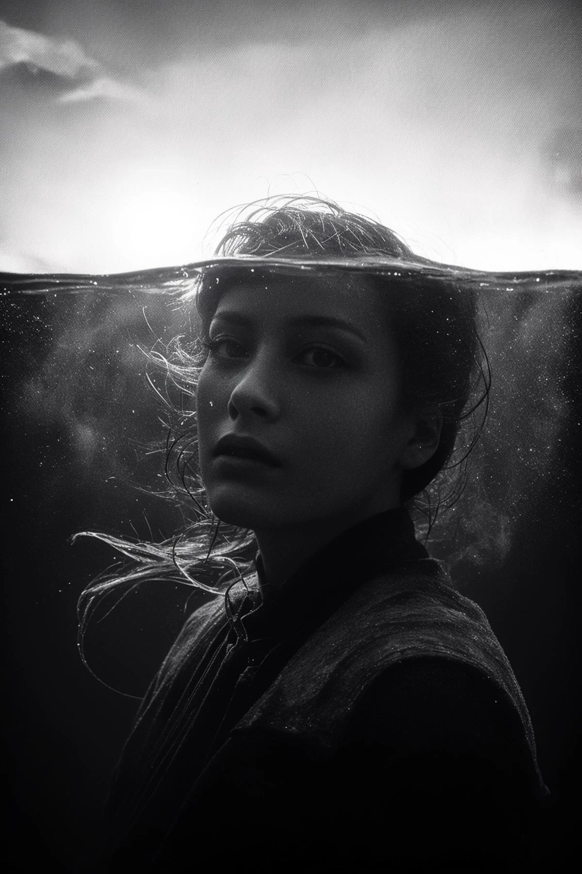 high-contrast monochrome palette, extreme closeup from frontal, floating dust particles, visible dust in light rays, vintage dusty atmosphere, cinematic quality, closeup, female angel frozen in carbonite, wings, artiangel, deep Blacks, very detailed, atmospheric haze, Film grain, cinematic film still, shallow depth of field, highly detailed, high budget, cinemascope, moody, epic, partially submerged,
<lora:Hand v3 SD1.5:0.9>, <lora:partially_underwater_shot_v0.2:0.9>,