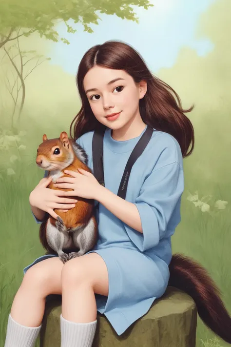 by Dave Gibbons and Hikari Shimoda in the style of Charlie Bowater, cute 18 year old woman and her pet squirrel, epic, 
<lora:Hand v3 SD1.5:0.6>,