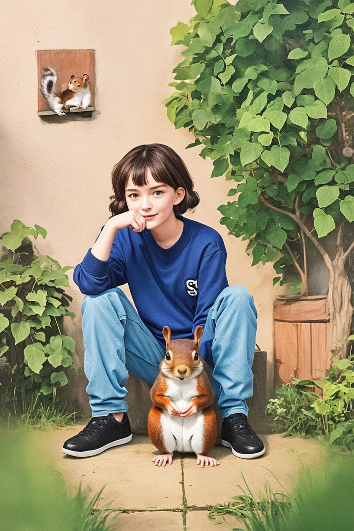 by Dave Gibbons and Hikari Shimoda in the style of Charlie Bowater, cute 18 year old woman and her pet squirrel, epic,
<lora:Hand v3 SD1.5:0.6>,