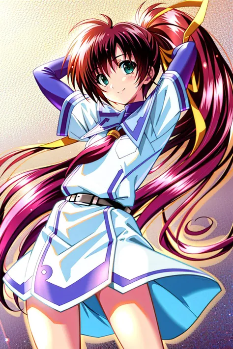 ((best quality)), ((masterpiece)), (detailed), 1girl, Arms Up, kneeling, Pagoda,  <lyco:NanocaFlanka-10: 0.9>, autnanocaflanka, fingerless gloves, hair ribbon, school uniform, smile