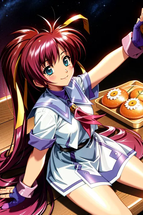 ((best quality)), ((masterpiece)), (detailed), 1girl, Outstretched Arms, sitting, Bakery, <lyco:NanocaFlanka-10: 0.9>, autnanocaflanka, fingerless gloves, hair ribbon, school uniform, smile