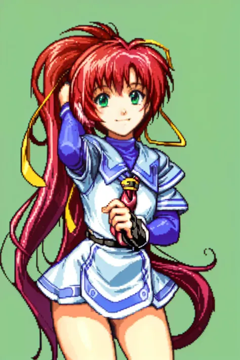 ((best quality)), ((masterpiece)), (detailed), <lora:gbaportrait:0.7>, simple background, solo, green background, gbaportrait, 1girl, AUTNanocaFlanka, fingerless gloves, hair ribbon, school uniform, smile, cowboy shot, <lyco:NanocaFlanka-10: 0.9>
