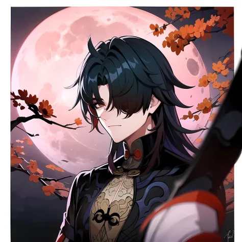 1boy, ren, male focus, Ink painting,solo,Night, moon, full moon, blood,shadow,wind,With the sword,Ancient Chinese architecture,The red petals all over the sky,night, Bleeding from her eyes, down her cheeks,
face focus,