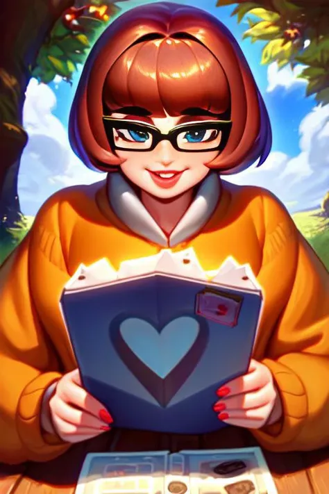 score_9, Velma Dinkley is holding a valentine's card, human, smile, pov