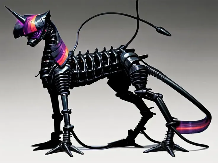 (score_9), black theme, all-black background, full body, character in the center of the screen, solo, (Twilight Sparkle style, tail, mane:1.2), slim waist, electrical wires hanging down, aggressive style, long neck,pony skeleton on a clean black background [skeleton on a black background: source_pony:0.9], exoskeleton without a body, anatomically correct, excellent body symmetry