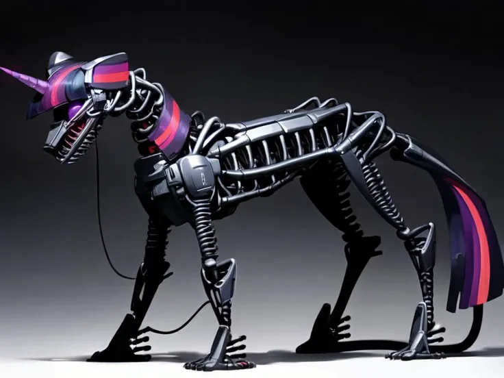 (score_9), black theme, all-black background, full body, character in the center of the screen, solo, (Twilight Sparkle style, tail, mane:1.2), slim waist, electrical wires hanging down, aggressive style, long neck,pony skeleton on a clean black background [skeleton on a black background: source_pony:0.9], exoskeleton without a body, anatomically correct, excellent body symmetry