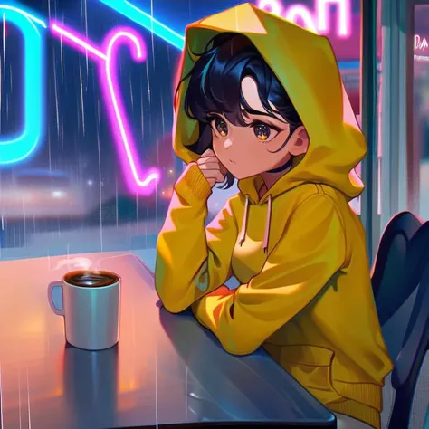 score_9, a cute girl in a yellow hoodie inside a coffee shop, rain in the background, (coffee shop interior :1.1), sitting behind a table, (evening:1.5), (neon lights:1.5), one cup in hand