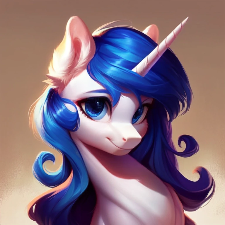 score_9, gleaming shield, rating_suggestive, feral unicorn Ice white stallion with a long blue mane with dark blue highlights, ice blue eyes, feminine features, very long mane, flowing mane, cute pony face, smile, portrait, intricate details, soft gradient shading