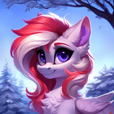 rating_safe, score_9, a cute mare, fluffy, pegasus pony, night, tree, portrait