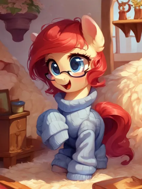 (score_9), (rating_safe), solo, a female cheerful laughing ((pony)), beautiful, detailed cute pony face, blushing, standing, inside a comfy house, wearing sweater, wearing glasses, open mouth