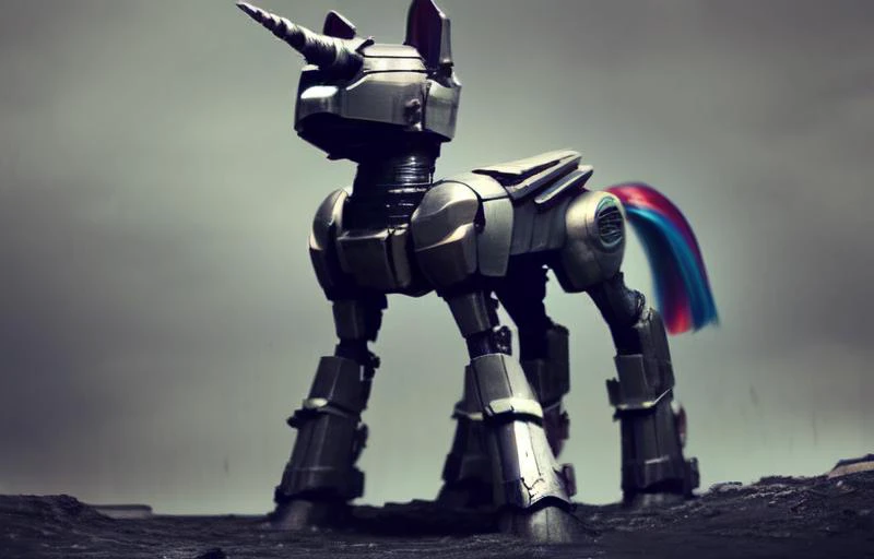 (score_9), source_pony, ultra-realistic style with textured surfaces and detailing, A multitone and monotonous black and gray background, Photo, solo, standing on the ground, pony [Twilight Sparkle: Robot:0.1], austere style, beautifully detailed face expressing boredom and emotionlessness, The body is covered with steel metal plates resembling tank armor, a powerful hull consisting of parts that fit together with small gaps between which you can see the exoskeleton, great body symmetry