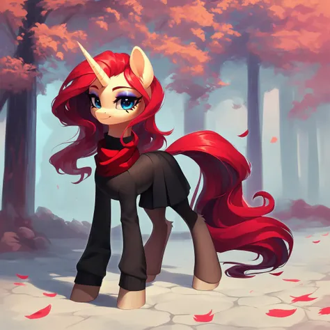 score_9, (unicorn pony, beige fur, long crimson hair, makeup, blue eyes), (black turtleneck, black tights, black skirt, red scarf), full body, (beautiful, detailed hair and fur),
