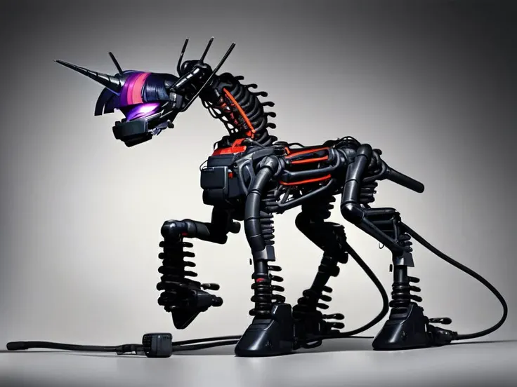 (score_9), black theme, all-black background, full body, character in the center of the screen, solo, (Twilight Sparkle style, tail, mane:1.2), slim waist, electrical wires hanging down, aggressive style, long neck,pony skeleton on a clean black background [skeleton on a black background: source_pony:0.9], exoskeleton without a body, anatomically correct, excellent body symmetry