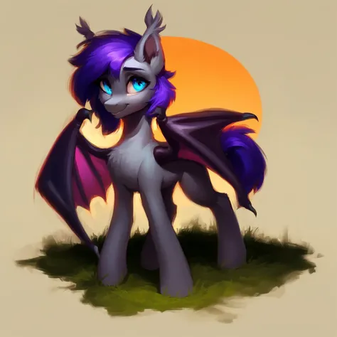 score_9, bat pony, grey fur, bright blue eyes, dark purple hair, bat wings, full body, beautiful, masterpiece, detailed hair and fur, against the background of the night sky