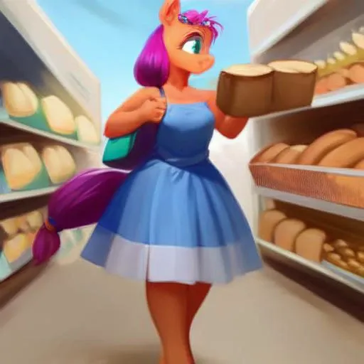 safe,score_9,thick body,full body view,supermarket,sunny starscout,anthro,(((wearing a blue dress))),holding bread in a plastic bag,(((thighhighs))),beautiful pony face(raytracing),(cinematic lighting), outstanding details, countershading, triadic lighting, High Definition, light particles