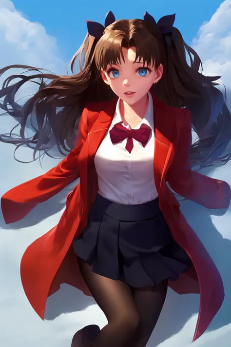 (score 9), masterpiece, best quality, highres, 1girl, solo, long hair, skirt, pantyhose, tohsaka rin, shirt, black skirt, white shirt, homurahara academy school uniform, open clothes, ribbon, coat, blue eyes, red coat, brown vest, long sleeves, collared shirt, black pantyhose, school uniform, bangs, vest, brown hair, open coat,