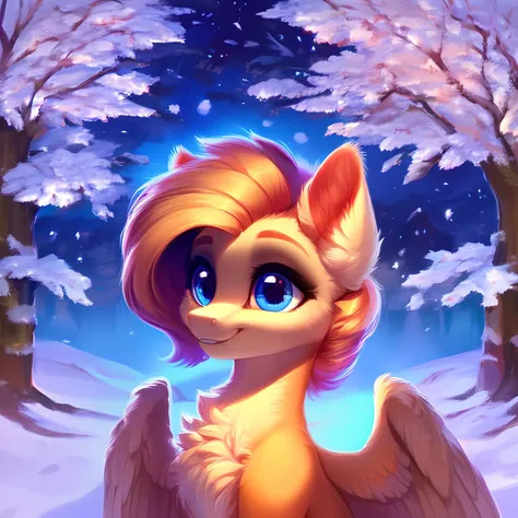 rating_safe, score_9, a cute mare, fluffy, pegasus pony, night, tree, portrait