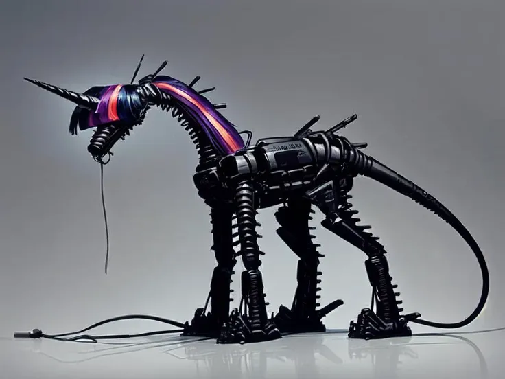 (score_9), black theme, all-black background, full body, character in the center of the screen, solo, (Twilight Sparkle style, tail, mane:1.2), slim waist, electrical wires hanging down, aggressive style, long neck,pony skeleton on a clean black background [skeleton on a black background: source_pony:0.9], exoskeleton without a body, anatomically correct, excellent body symmetry