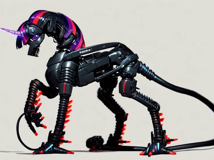 (score_9), black theme, all-black background, full body, character in the center of the screen, solo, (Twilight Sparkle style, tail, mane:1.2), slim waist, electrical wires hanging down, aggressive style, long neck,pony skeleton on a clean black background [skeleton on a black background: source_pony:0.9], exoskeleton without a body, anatomically correct, excellent body symmetry