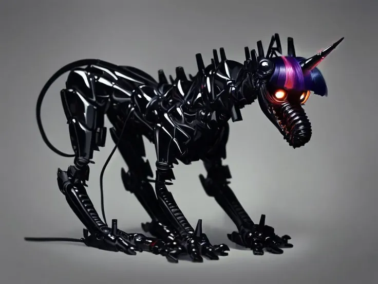 (score_9), black theme, all-black background, full body, character in the center of the screen, solo, (Twilight Sparkle style, tail, mane:1.1), slim waist, electrical wires hanging down, aggressive style, long neck,pony skeleton on a clean black background [skeleton on a black background: source_pony:0.9], exoskeleton without a body, anatomically correct, excellent body symmetry