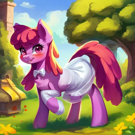 rating_safe, (score_9), solo, a female happy smiling blushing, ((pony berryshine)), pony, beautiful, at a lush garden, thicc, looking at you, (wedding dress)