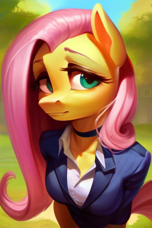 score_9, rating_questionable, (high_quality:1.2), solo, anthro pony, anthro Fluttershy posing, Fluttershy, (cute:1.2), choker, (muscles:1.0), school outfit, buttoned up shirt, tight, blazer