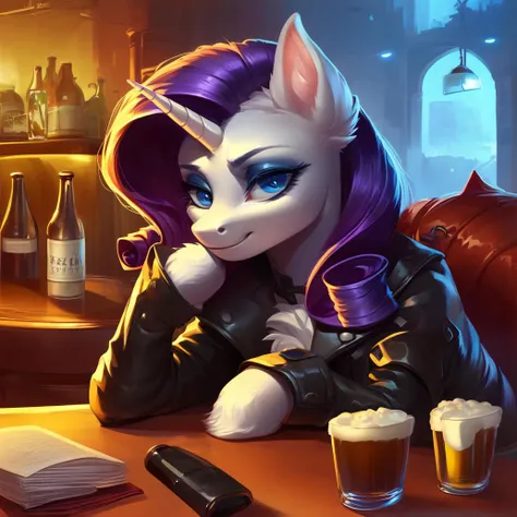 (score_9), solo, pony unicorn Rarity in a leather black jacket is sitting at the table, there is a bottle of beer next to it, beautiful, realism, cinematic render, octane, detailed hair and fur