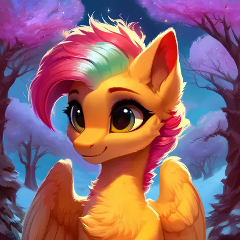 rating_safe, score_9, a cute mare, fluffy, pegasus pony, night, tree, portrait