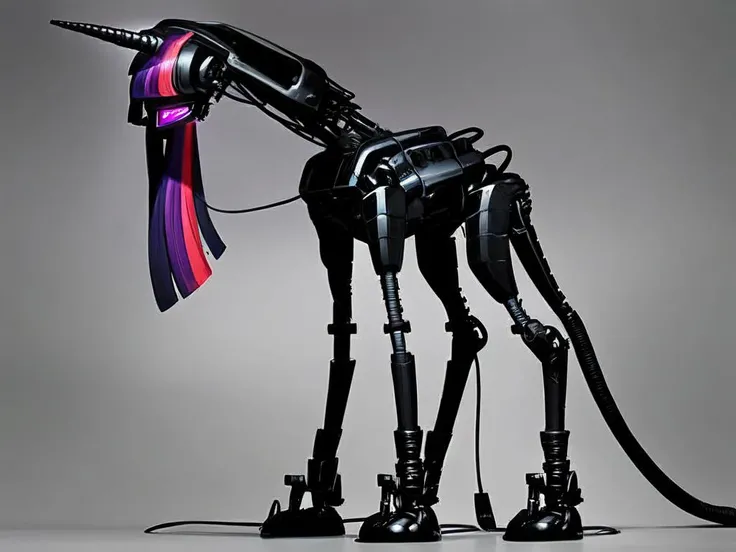 (score_9), black theme, all-black background, full body, character in the center of the screen, solo, (Twilight Sparkle style, tail, mane:1.2), slim waist, electrical wires hanging down, aggressive style, long neck,pony skeleton on a clean black background [skeleton on a black background: source_pony:0.9], exoskeleton without a body, anatomically correct, excellent body symmetry