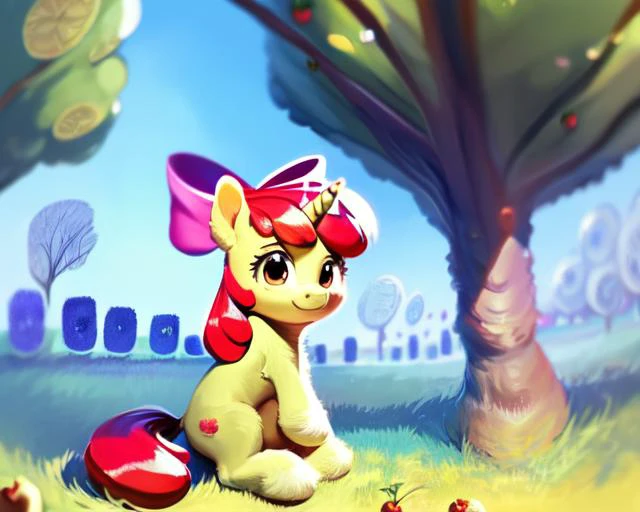 unicorn, pony, filly, apple bloom,  (score_9), solo, country side background, many apple tree, very beautiful, best quality, perfect anatomy, Impressionism, sitting on the ground, fluffy, (body fur), masterpiece, blurry, realistic, plush, lens flare, depth of field, cute