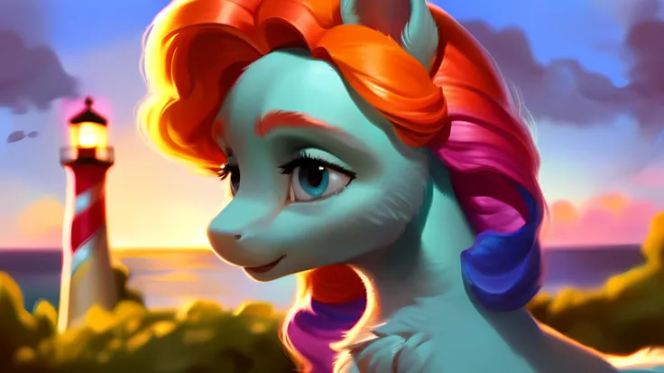 (score_9), pony (Jazz Hooves), solo, lighthouse background, dusk light, cute, detailed mane and fur, fluffy, (body fur), blurry, realistic lighting, masterpiece, beautiful, high detail, cinematic render, brushstrokes, painting, lens flare, depth of field