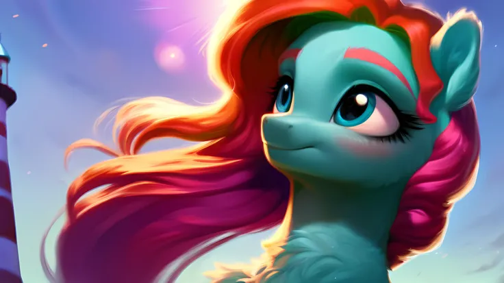 (score_9), pony (Jazz Hooves), solo, lighthouse background, dusk light, (cute), detailed mane and fur, fluffy, (body fur), blurry, realistic lighting, masterpiece, beautiful, high detail, cinematic render, brushstrokes, painting, lens flare, depth of field,turquoise colour eyes