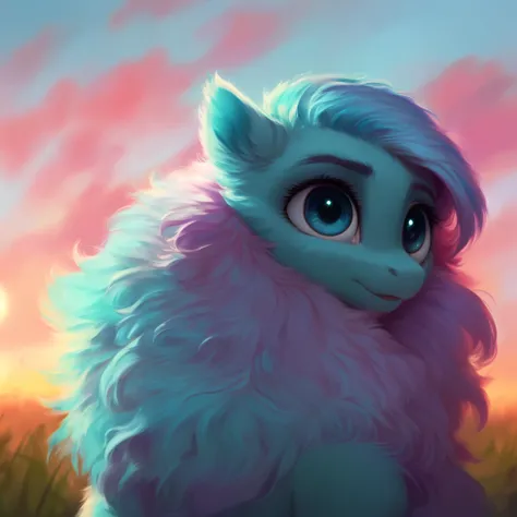 (score_9), pony (fluffle puff), solo, field background, dusk light, (cute), detailed mane and fur, fluffy, (body fur), blurry, realistic lighting, masterpiece, beautiful, high detail, cinematic render, brushstrokes, painting, lens flare, depth of field, turquoise colour eyes