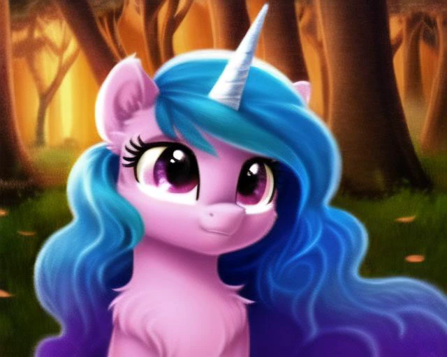 unicorn, pony, izzy moonbow, mark:1.1, solo, in the bridlewood, forest background, small petals on the ground, very beautiful, best quality, perfect anatomy, fluff, (body fur), masterpiece, (digital painting, soft shading,, warm lighting), cute,