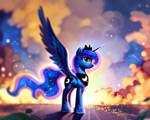 alicorn, pony, princess luna, cutie mark:1.1, (score_9), solo, stars background, very beautiful, best quality, perfect anatomy,  Impressionism, burning spread wings, fluffy, (body fur), masterpiece, blurry, mlp art, lens flare,  depth of field, cute